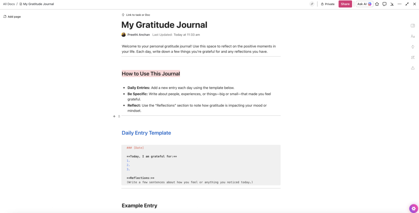 Diario della gratitudine con i documenti ClickUp